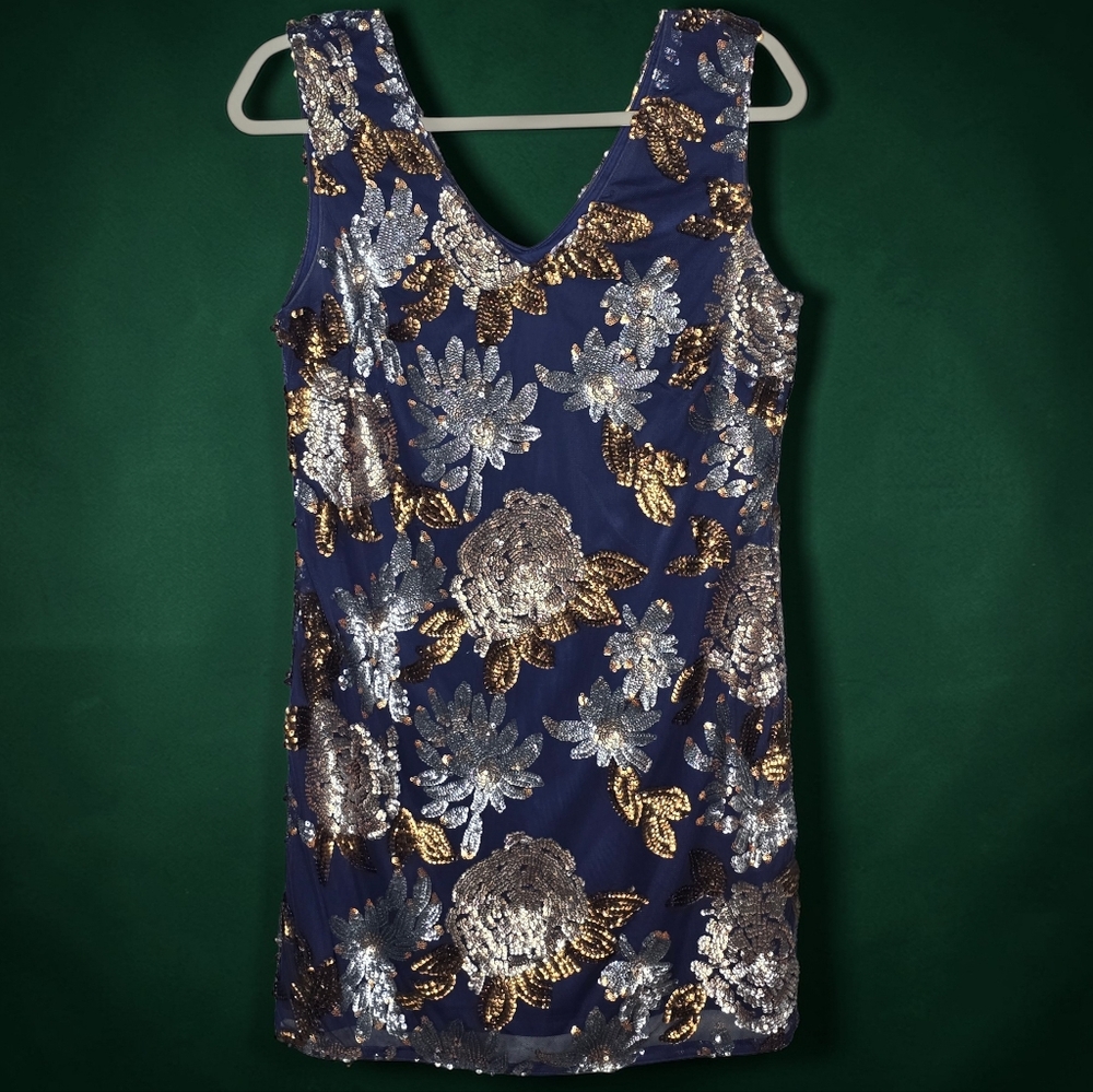 Elegant Sequin Floral Dress - Blue and Gold